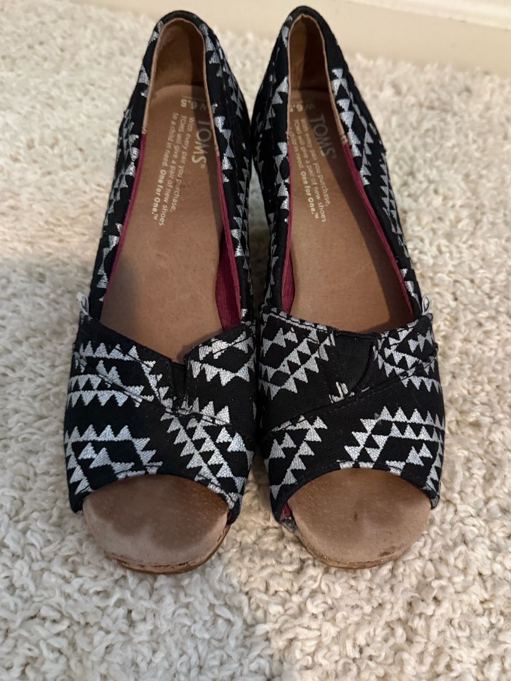 Toms Black and Silver Aztec Peep-Toe wedges espadrilles 6.5